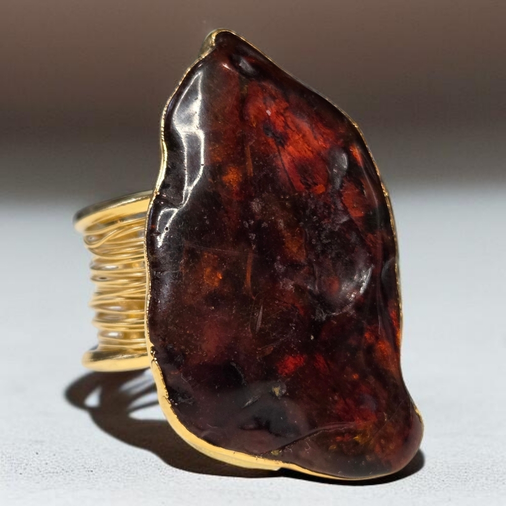 18k Gold Plated Massive Baltic Amber Wide Band Statement Ring